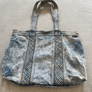 Vintage Shane Acid Wash Denim Tote Bag 80s Quilted Shoulder Bag Light Blue